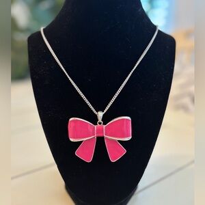 Pink Bow Pendant Necklace Costume Jewelry Long Chain